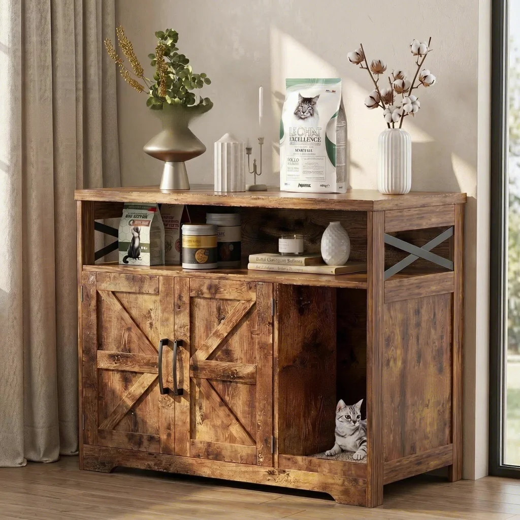 Wooden Dog & Cat Litter Box Cabinet Combo with Splash Guard Easy Clean Hook Loop Closure