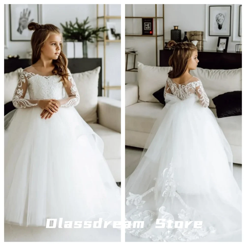 

New Cute Ball Girl Dresses For Weddings Appliques Long Sleeves Princess Tulle Girl's Ceremonial Dress Vestido vestidos de fiesta