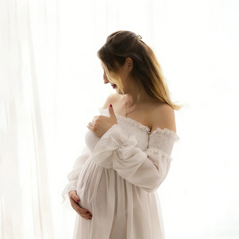 Maternity Dress Photography White Off Shoulder Ruffle Puff Sleeve Smocked Gown Long Pregnant Photo Shoot Outfit Baby Bump view 5