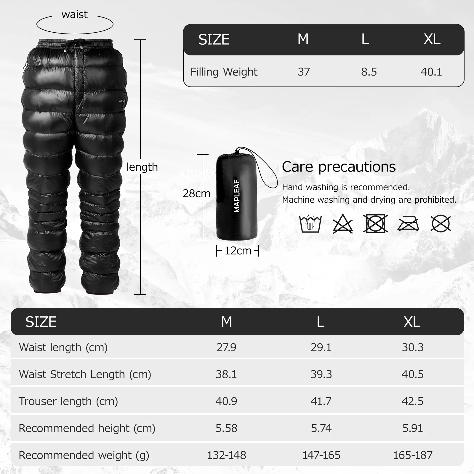 MAPLEAF Pantalon en duvet imperméable ultra-léger pantalon en résine chaude extérieur randonnée camping hiver