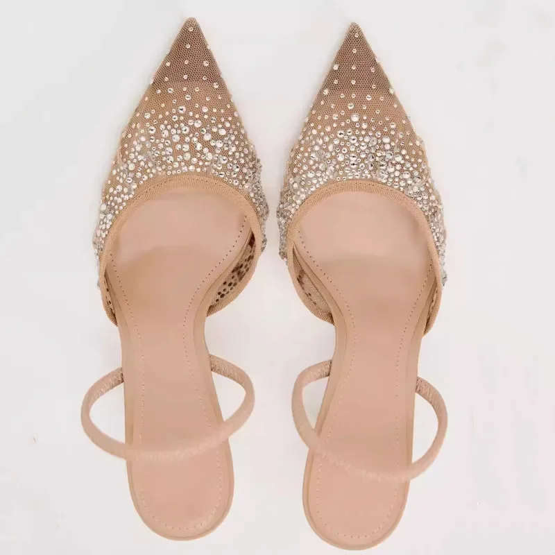 Luxury Diamond Mesh Heeled Sandals Women Brand Shiny Thine Heel Dress Shoes Pointed Toe Mules Pumps Slippers Sandalias De Mujer