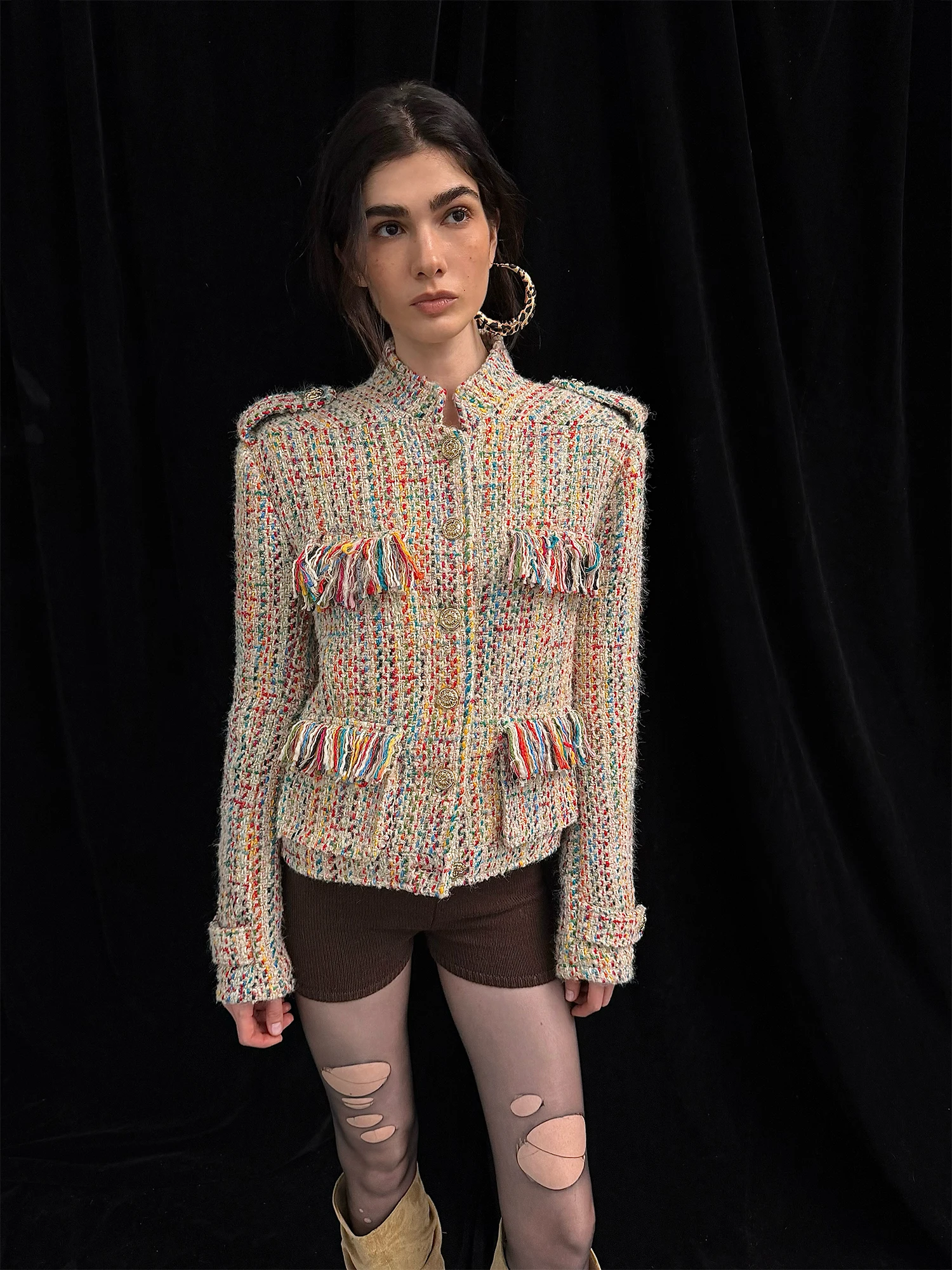  Tassel Cotton Jacket Small Fragrance Style Outerwear Lightweight Luxury Standard Fit Long Sleeve Button Closure Shor...