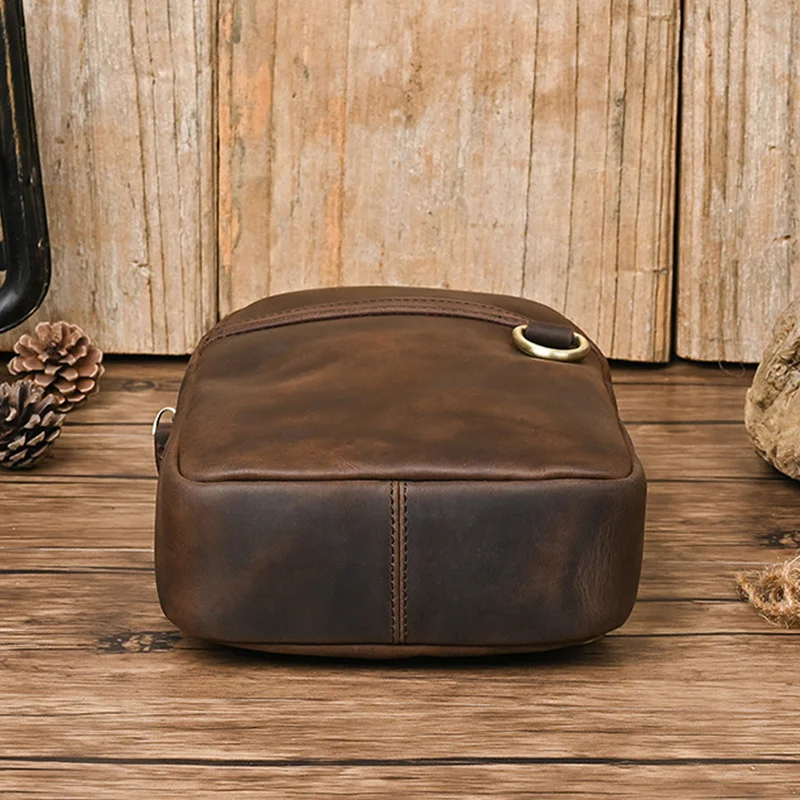 Mochila vintage de couro genuíno para homens, saco de peito com ombro cruzado, couro de vaca louco, sacos masculinos crossbody messenger