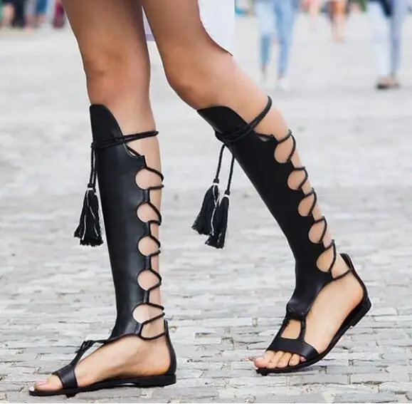 

Roman Style Black Matte Leather Hollow Cuts OUt Flat Knee High Sandals Boots Summer Women Tassel Cross Tied Flat Beach Sandals