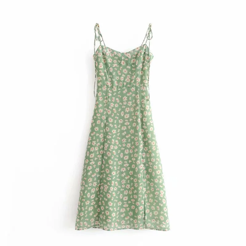 Vestido largo francés de verano con estampado de flores verdes, Vestido largo con tirantes finos y abertura, vestidos Retro sexis con cordones y tirantes para mujer