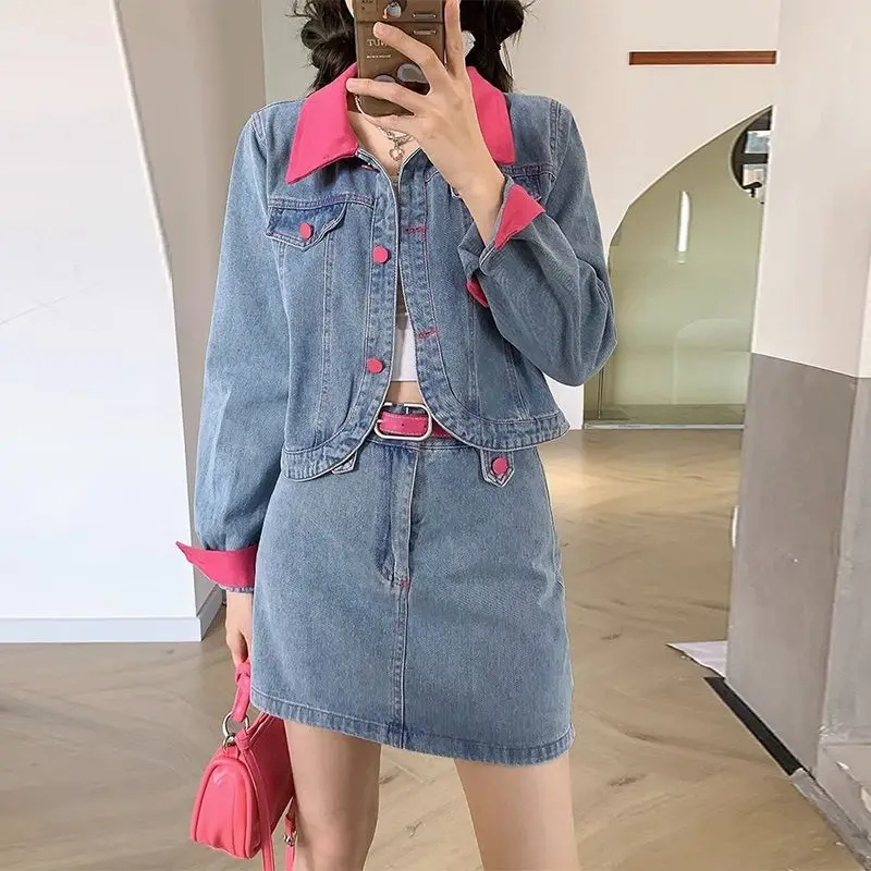 デニムコートミニスカートツーピースセット春秋の女性のファッションパッチワークショートジャケット A ラインスカート衣装新しいジーンズスーツ