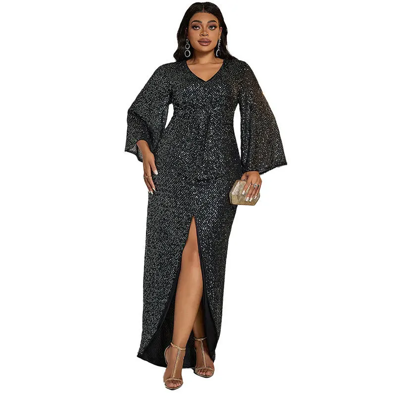 ชุดราตรีผู้หญิง KY667 สำหรับงานข้ามพรมแดน ดีไซน์เซ็กซี่ ผ่าข้างยาวกรอมพื้น เหมาะสำหรับเต้นรำ งานหนัก แขนยาว เอวสูง