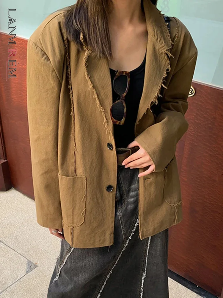 [LANMREM] Fashion Burr Edge Design Blazers For Women Notched Single Breasted Streetwear Female Jackets 2024 Autumn New CP3146