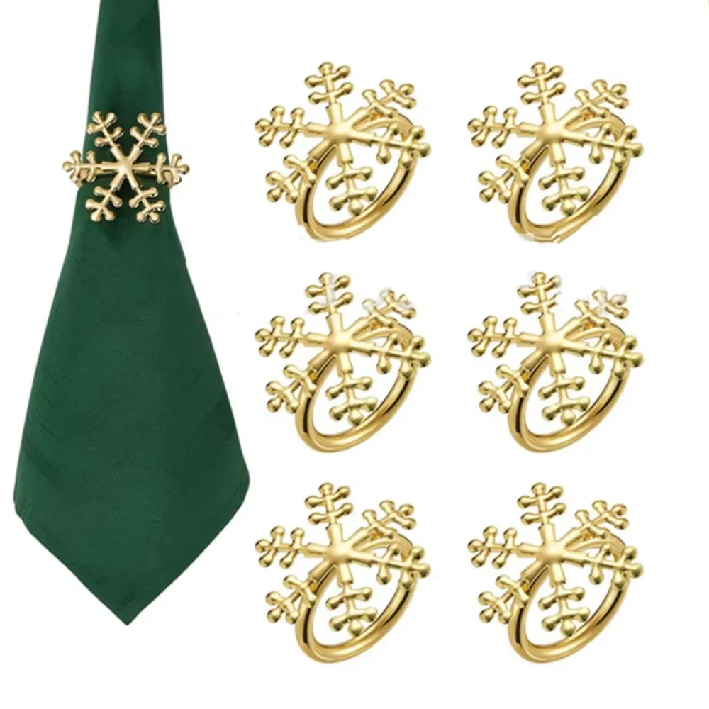 6PCS Gold/Silver Christmas Snowflake Napkin Ring Reusable Metal Xmas Napkin Holder Festival Electroplating Napkin Buckle