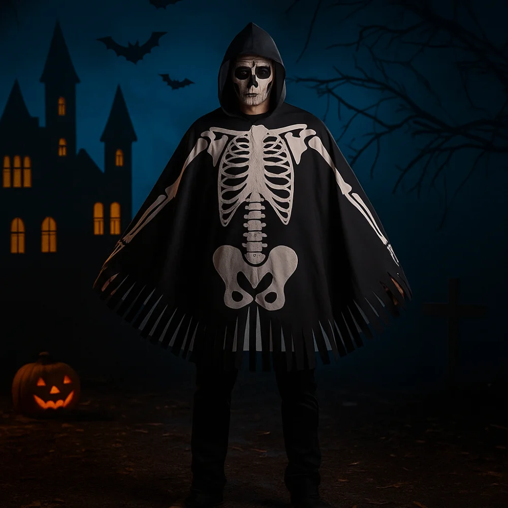 Funny Cloth Skeleton Cape Goth Ghost Halloween Props Hooded Make Up Skull Bones Cloak Carnival
