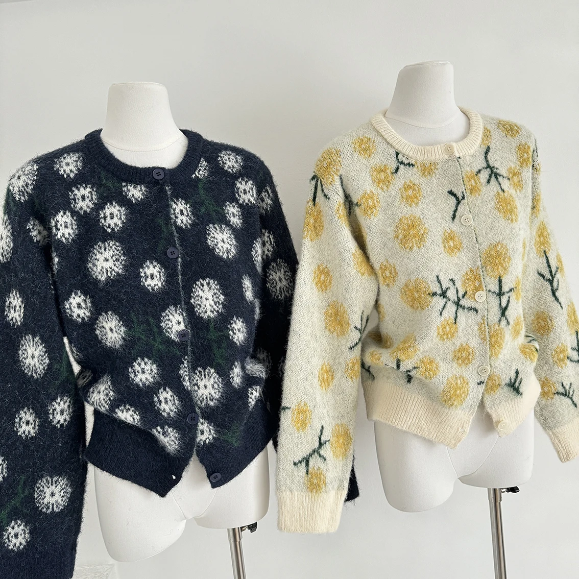 스웨터 코트 한국 디자인 Y2K 여성용 스웨터 가을 겨울 민들레 프린트 루즈 오픈 스티치 라운드 넥 니트 점퍼