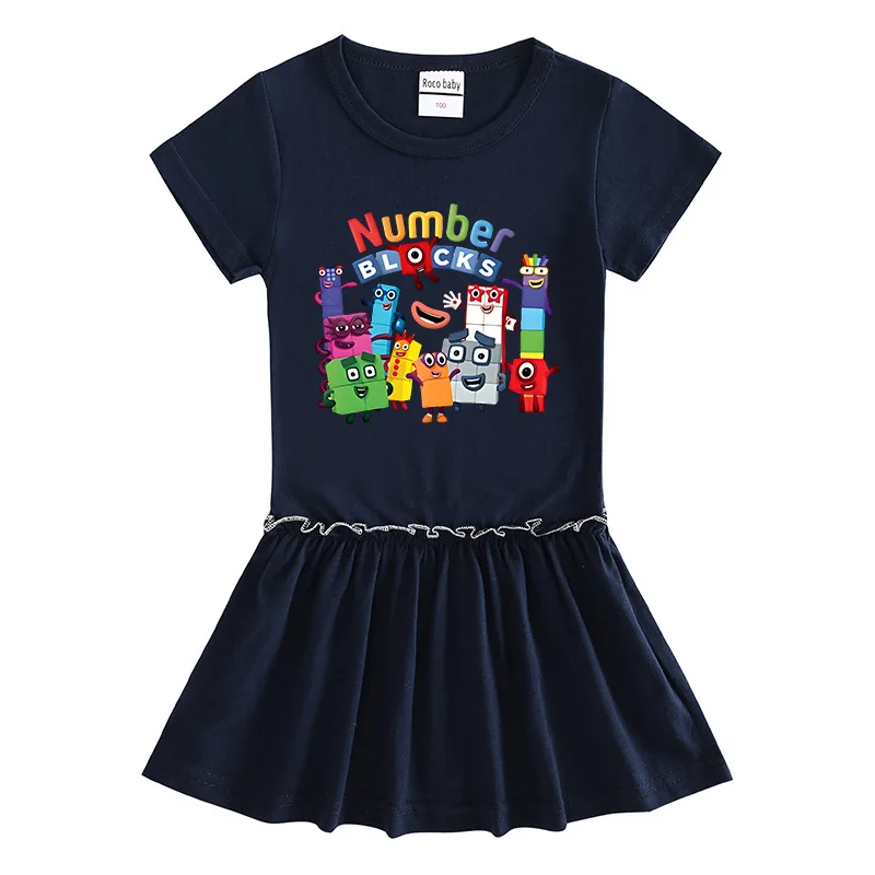 Girl Summer Dress Number Building Blocks Print Graphic 2-7Year Children Clothing Cotton Cartoon Baby Girl Short Sleeve Kid Dress