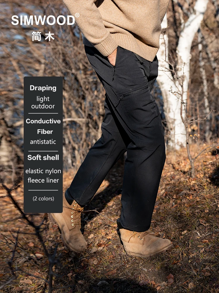 SIMWOOD 2024 Autumn Winter New Loose Straight 290gsm Nylon Fleece Liner Fabric Outdoor Pants Men Plus Size Hiking Trousers