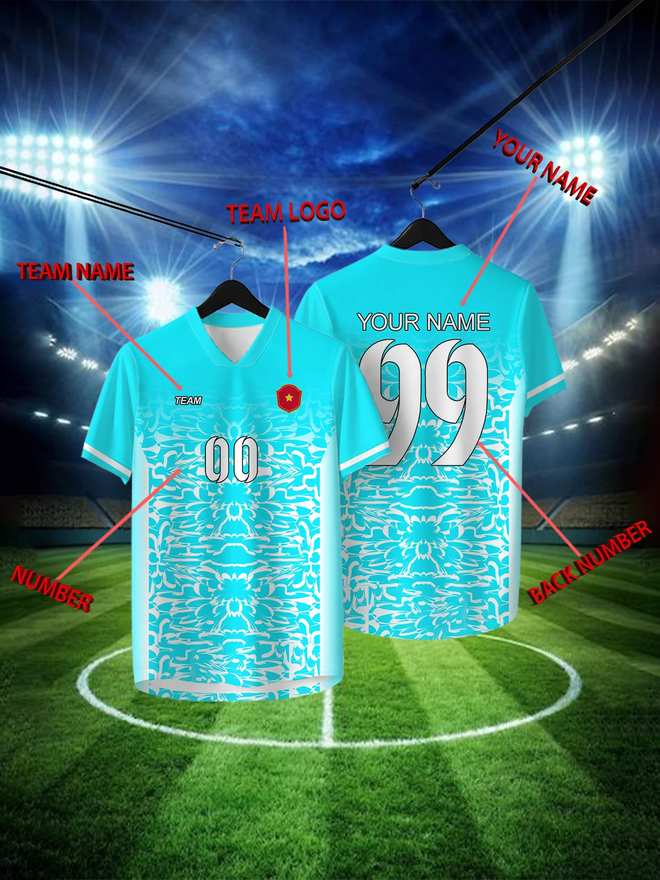 

Customized Geometric Blue Short Sleeved Shirt with Team Name, Emblem, Name and Number, Outdoor Sports Short Sleeved T-shirt