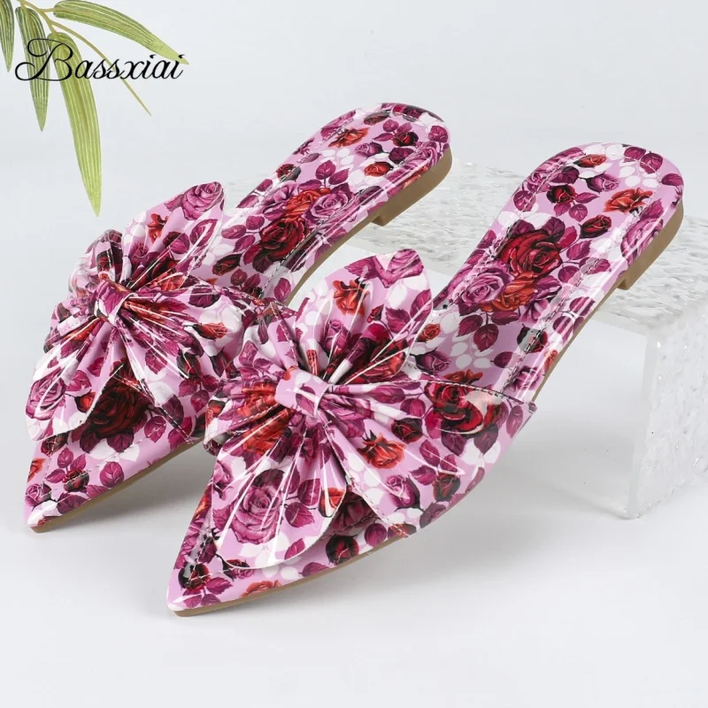 Único lazo grande flor verano mulas para niñas Sexy puntiagudos tacón plano Slip-On prendas de vestir zapatillas de mujer