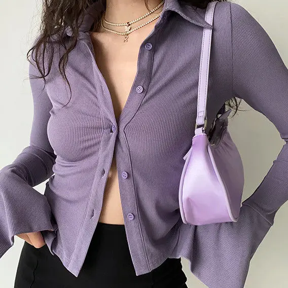 

Blouses polo lapel single-breasted flared Collar Solid sleeve shirt Five-color women's slim long-sleeve Casual Streetwear top