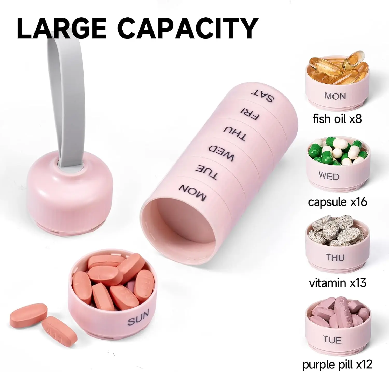 Daviky Adorable Cute Weekly Pill Organizer with 7 Large Stackable Independent Compartments, Portable Travel Friendly Daily Pill