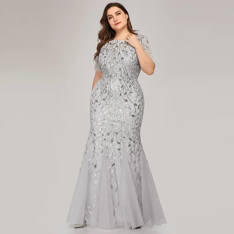 Personalizado sereia vestido de noite lantejoulas tule robe de soiree o pescoço até o chão plus size manga curta mulher festa formal vestido