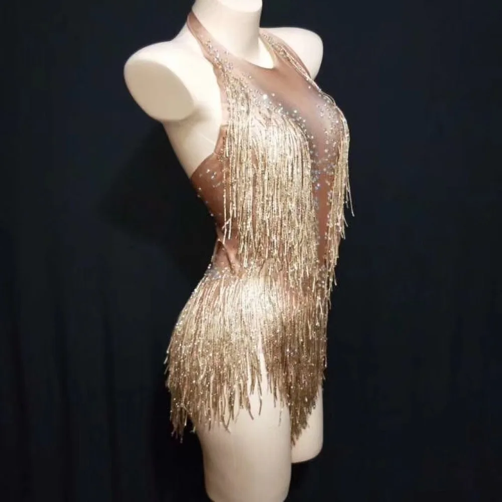 Sparkly Golden Tassel Bodysuit Women High Elasticity Beading Bodysuit DJ Party Bodycon Bodysuit Costume One-piece Dance Wear