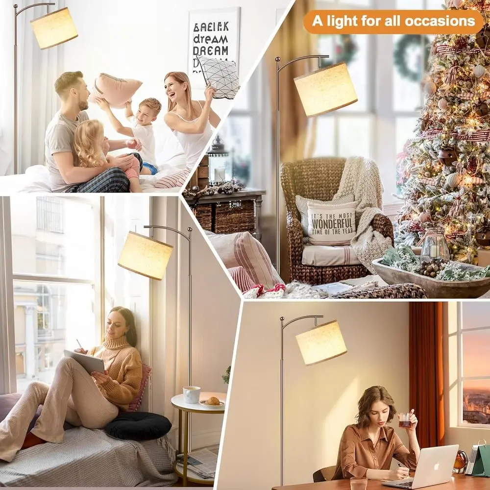 Luminária de Chão Ajustável com Temperatura de Cor e Brilho, 60 Polegadas, com Controle Remoto, Abajur Bege, Haste Marrom