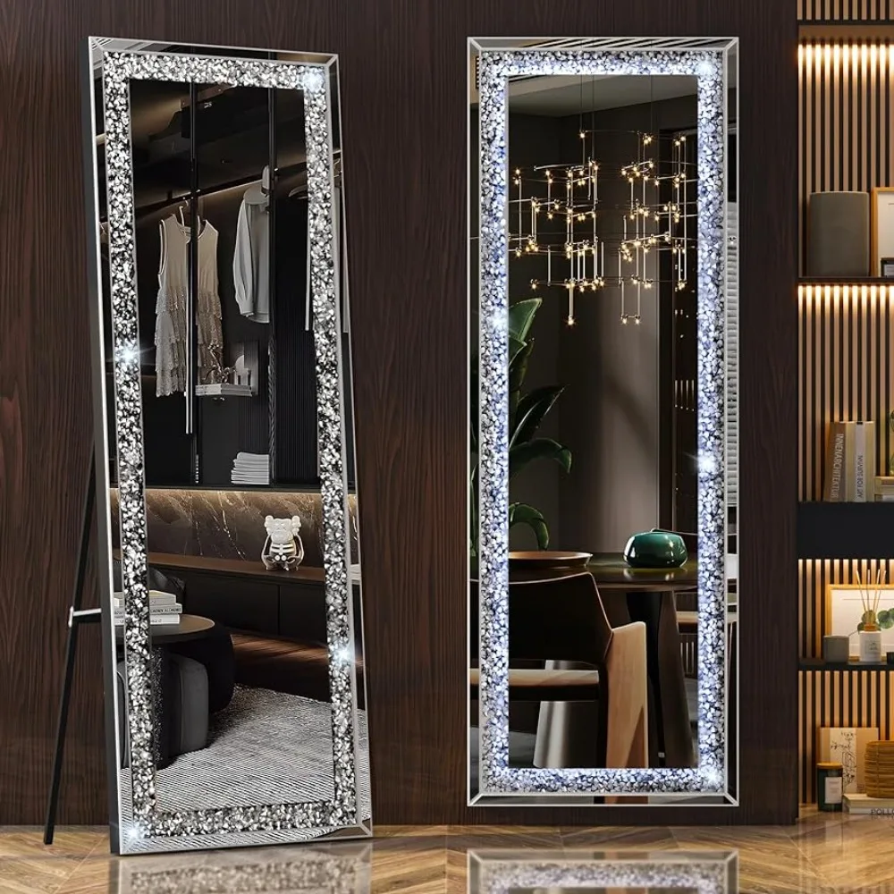 

Full-Length Mirror 63”×20” With Lights and Crystal Crush Diamond Wall Mounted Hanging Diamond Mirror Leaning Freight Free