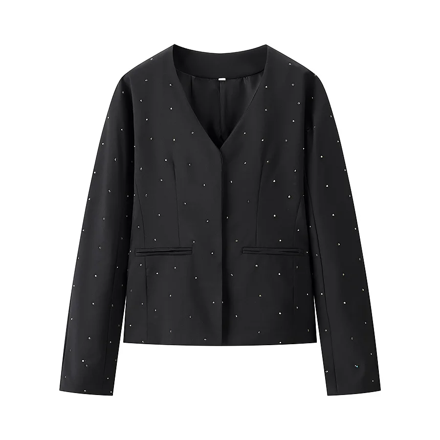 

ZBZA Spring New Women's Faion Design Diamond Embedded V-ne Coat Straight Tube Long Sve Polyester Single Piece Pure Color