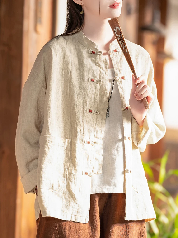 

New Chinese Sle Cotton Linen irt Women's Spring Summer Retro Zen Buddhist Sle Luy Tea Clothes ort Outerwear