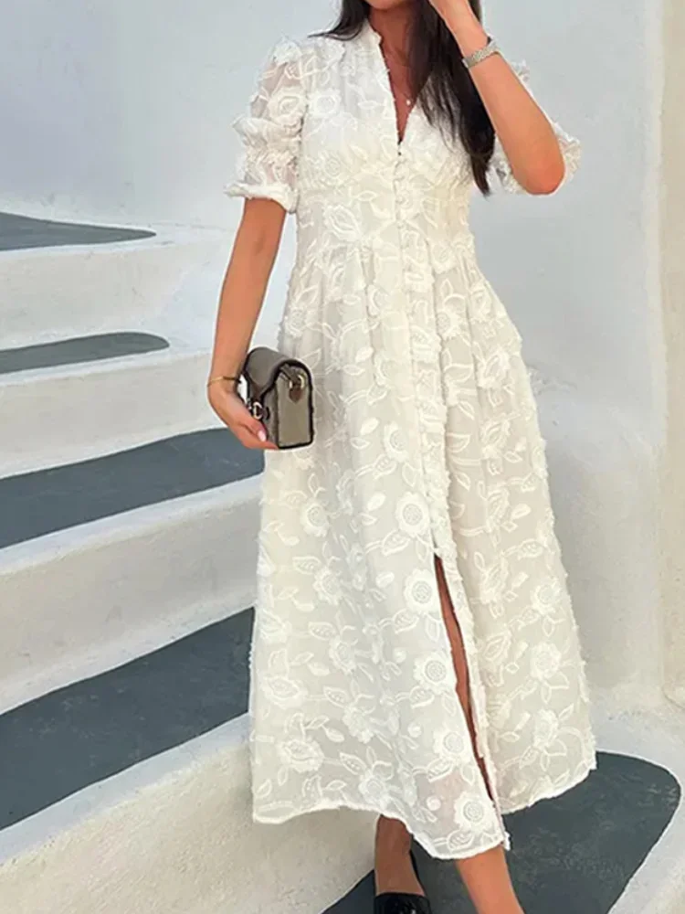 

2024 Elegant Lace Slit Dress Female V-neck Embroidery Midlength Dress Female Single Breasted Slit Party Dress Female