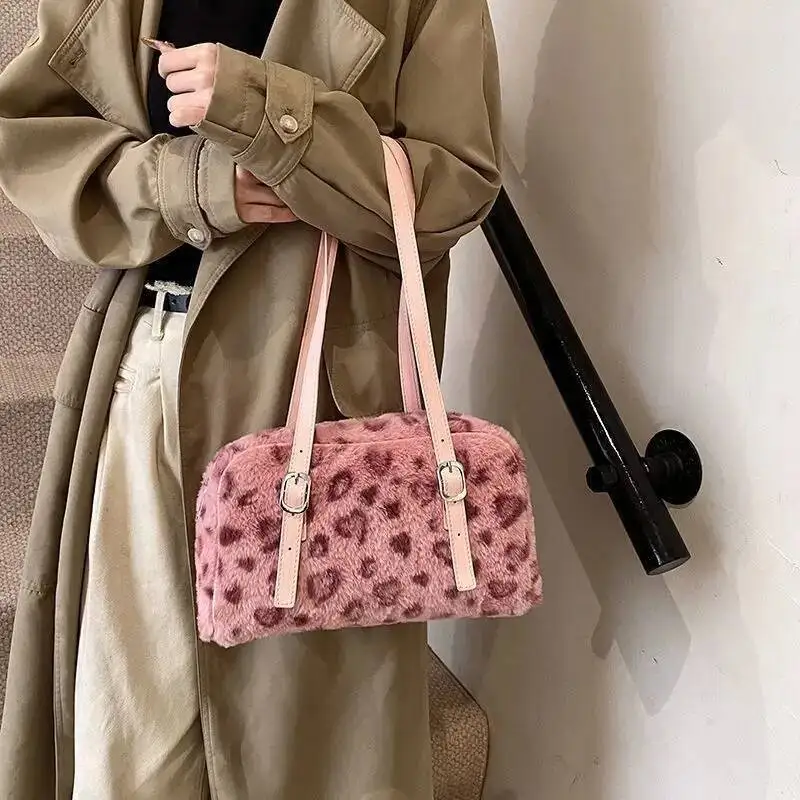 Bloom Leopard Print Pink Handbag Women Autumn Winter New Plush Soft Y2k Shoulder Bags Female Sweet Cool Purse Bolsos De Mujer