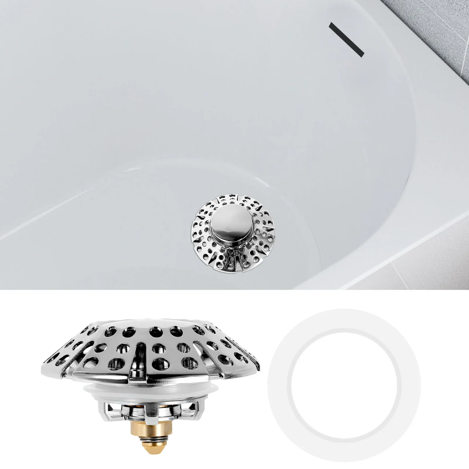 

Pop Up Bathtub Drain Plug Brass Tub Drain Stopper with Cover Tub Drain Strainer Prevent Hair Clogging Rustproof Bathroom Drain