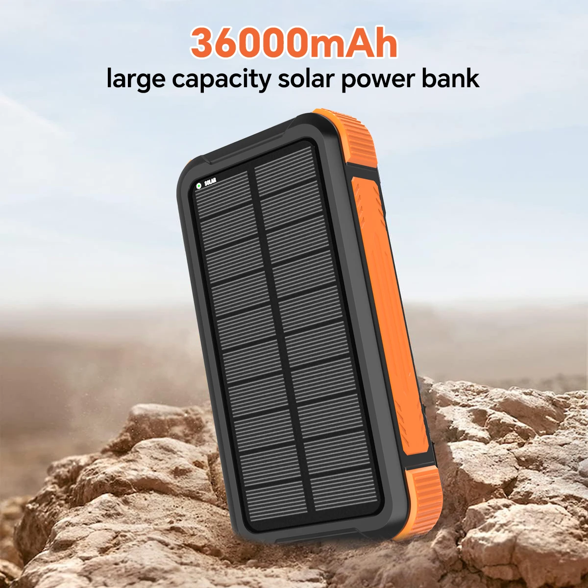 36000mAh Portable Solar Power Bank with LED Camping Light, Durable Solar Panel, Dual USB Ports for Travel Camping