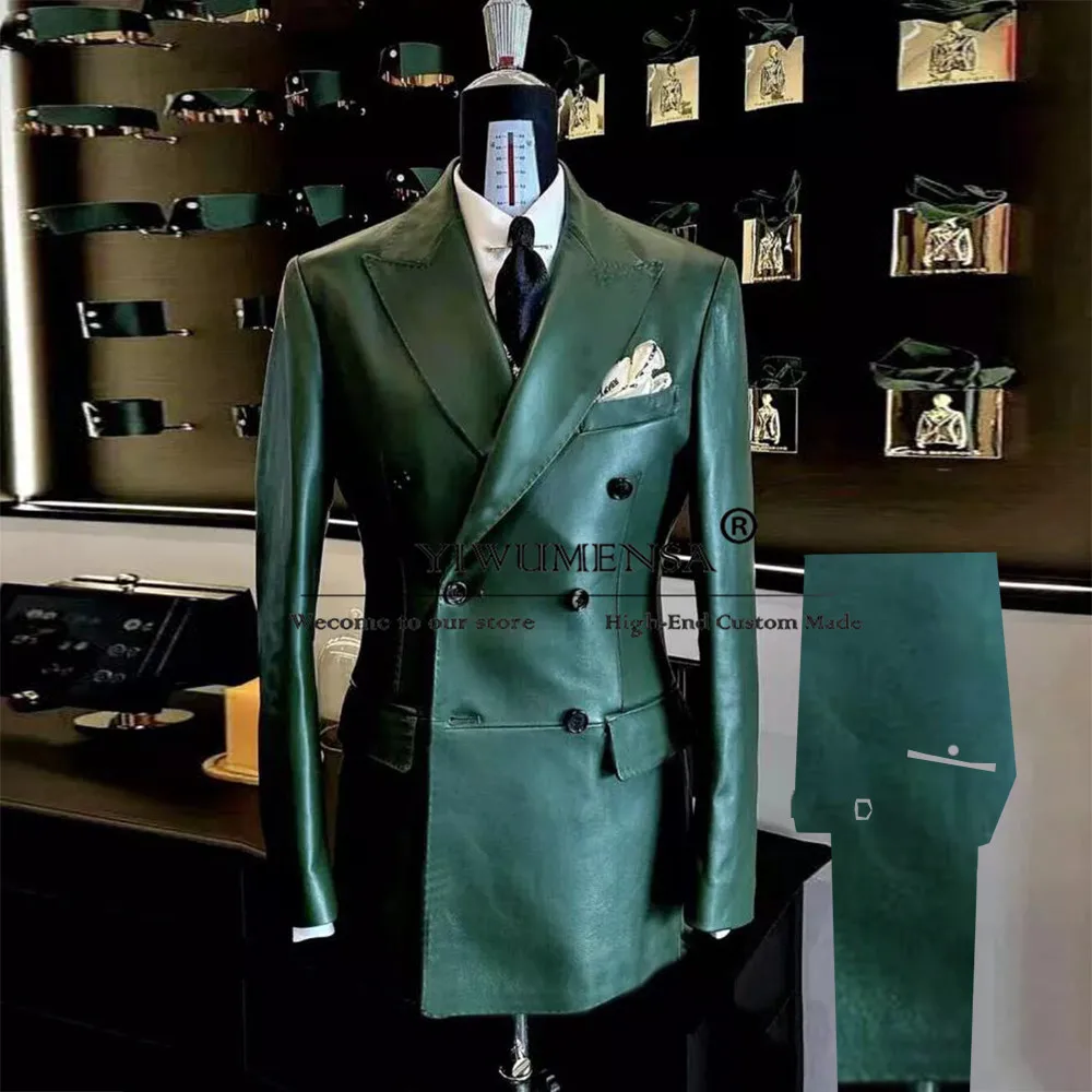 Vintage Green Faux Leather Suits Men Double Breasted Jacket Pants 2 Piece Man Daily Business Office Wear Prom Blazer Tailor-made