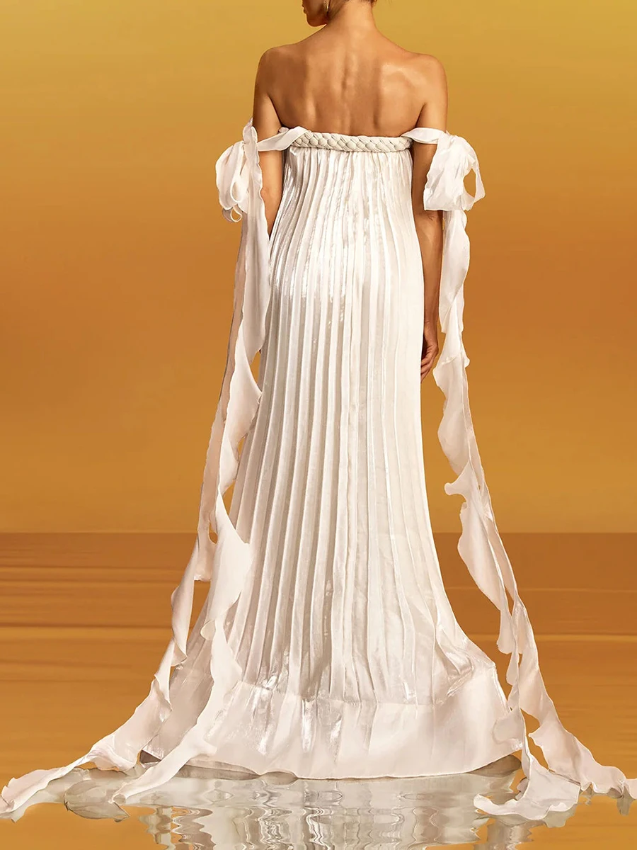 VGH مثير الملتوية عقدة مطوي فستان طويل للنساء حمالة عارية الذراعين المرقعة الشريط فضفاض مساء الجنية فساتين الإناث جديد