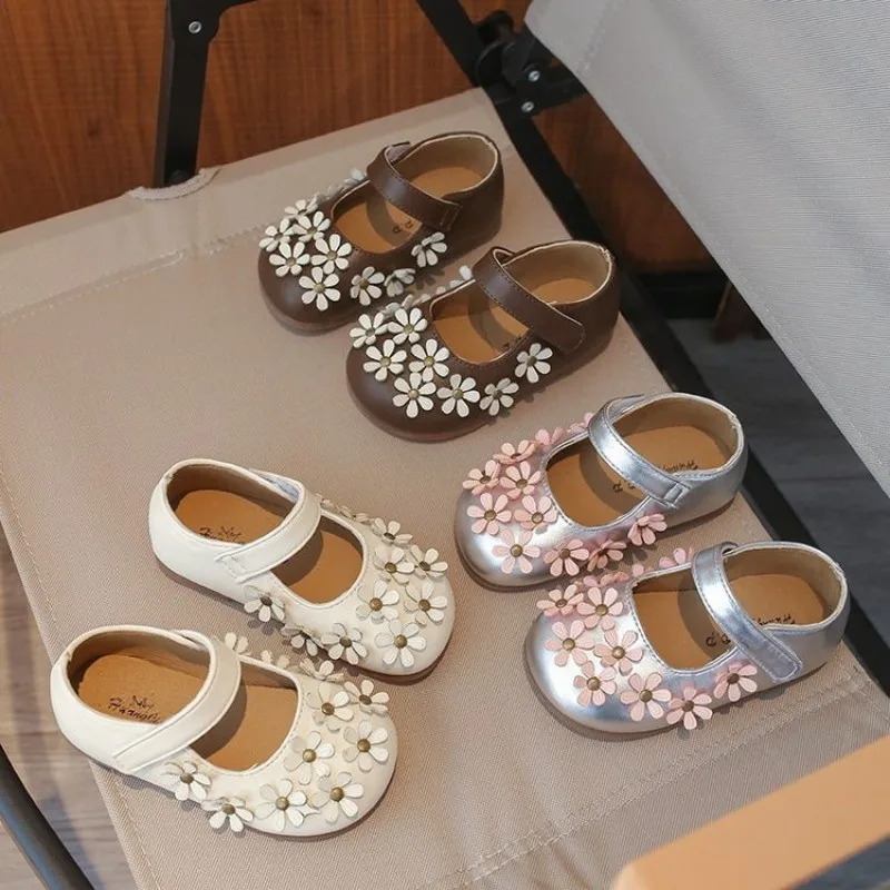 

2026 Spring/Summer Women's Children's Leather Shoes - Floral Princess Shoes - Anti-slip Soft Soles for Kids' Casual Shoes