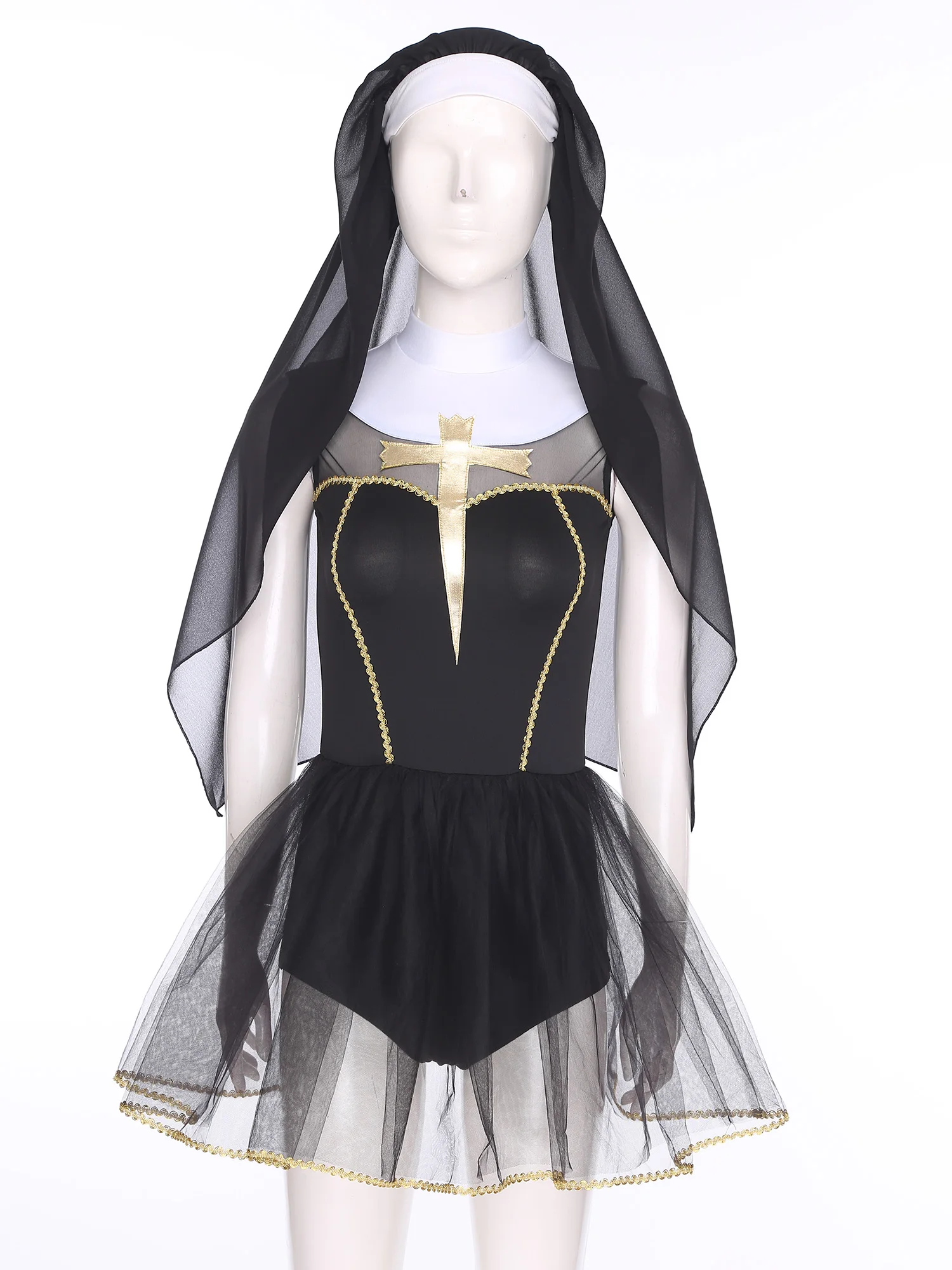 

Women Halloween Nun Cosplay Dress Gold Trim Tulle Hem Skirt Bodysuit and Veil Wimple Hood Set for Sister Clergy Dress-up Party