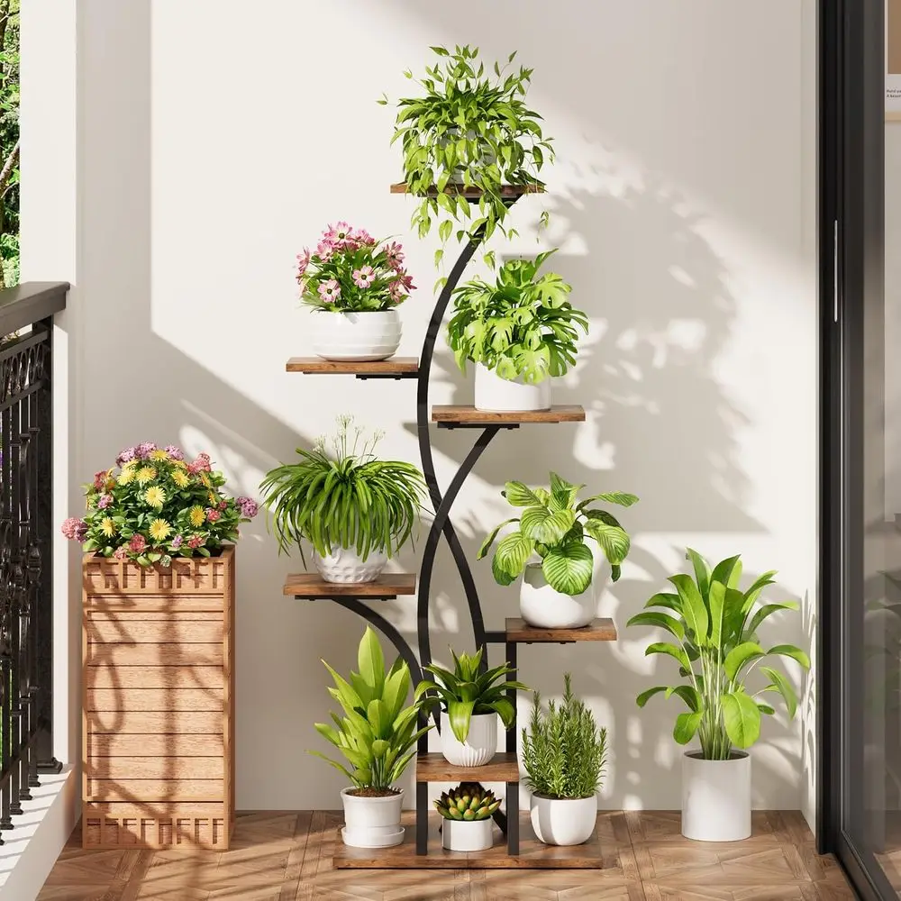 7-laags hoekplantenstandaard voor binnen met kweeklampen, bloemvormig rek voor woonkamer en terras