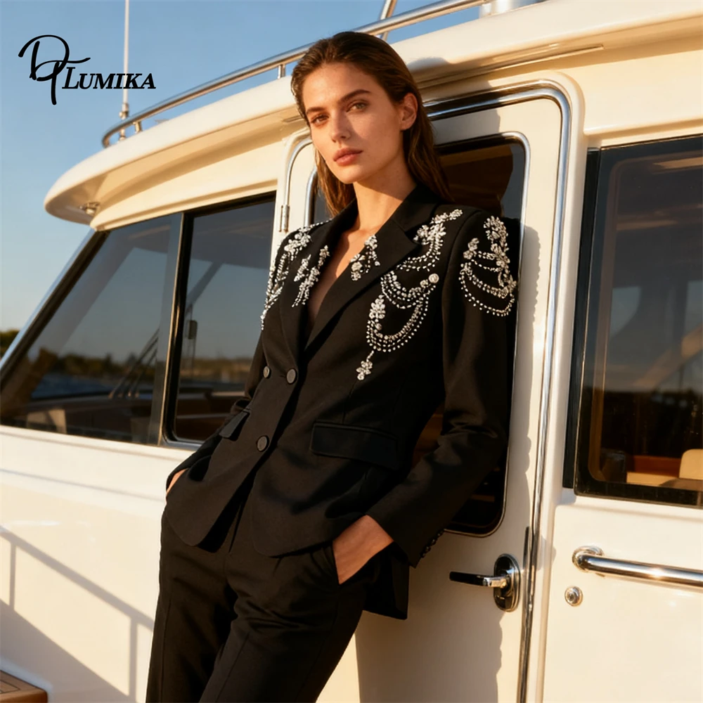 DTLumika Luxury Crystals Womens Slim Fitting Suit Jacket, Dinner Event Suits Single Breasted Full Sleeved Suit Blazer