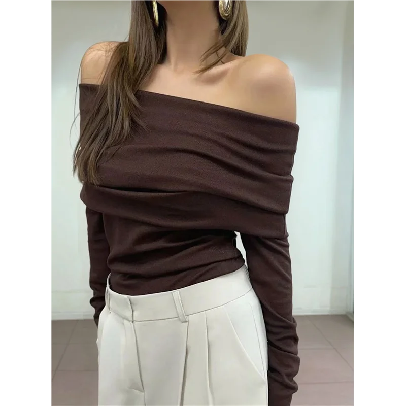 Schulterfreier Langarm-Body für Damen, schlankmachender Body, Oberteil, durchsichtiges Netz, gerüschte Outfits-A55G