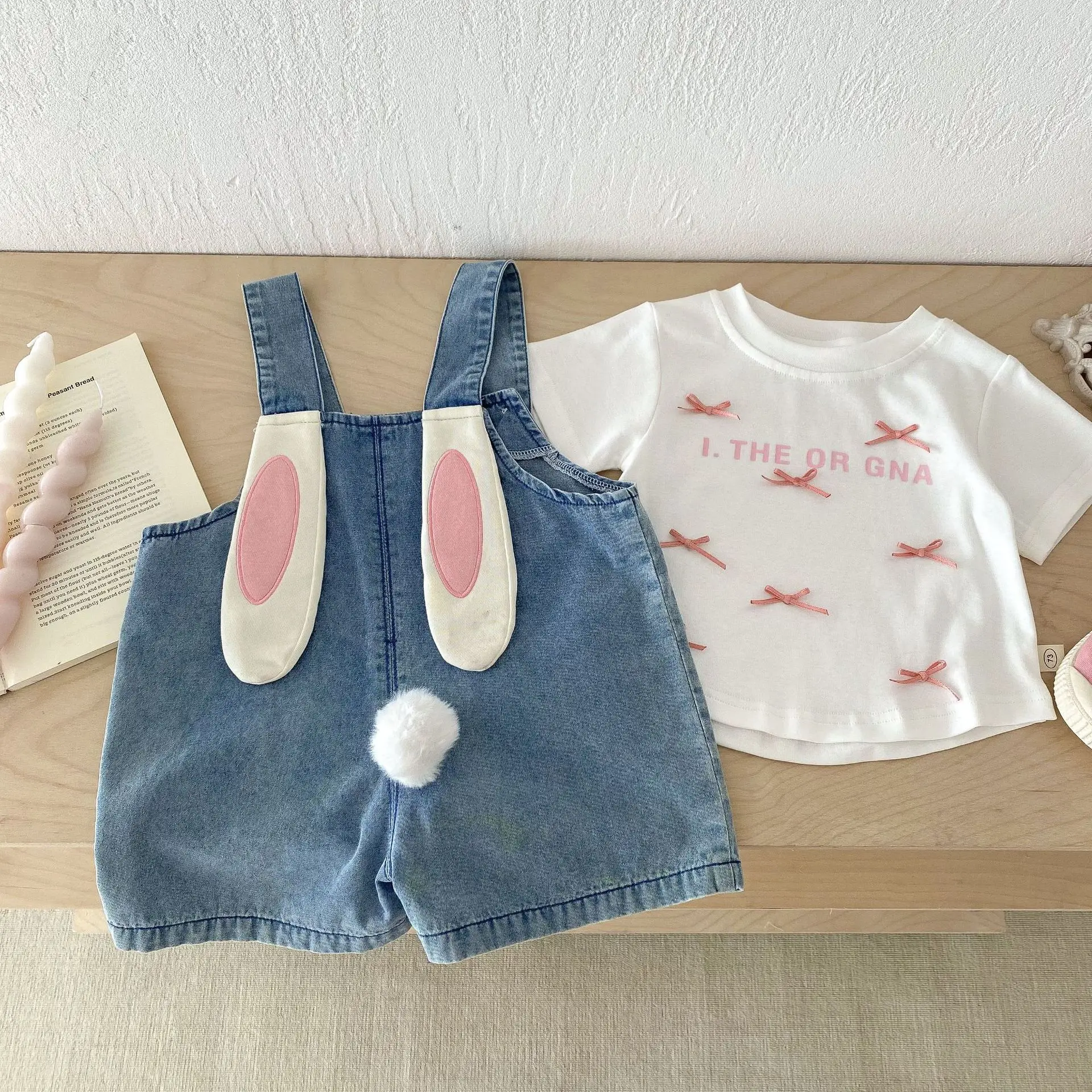 Summer Girl Baby Rabbit Ears Overalls Girls Children Loose Cute Jeans Baby Retro Casual Suspenders Pants Kid Cotton Mid Trousers