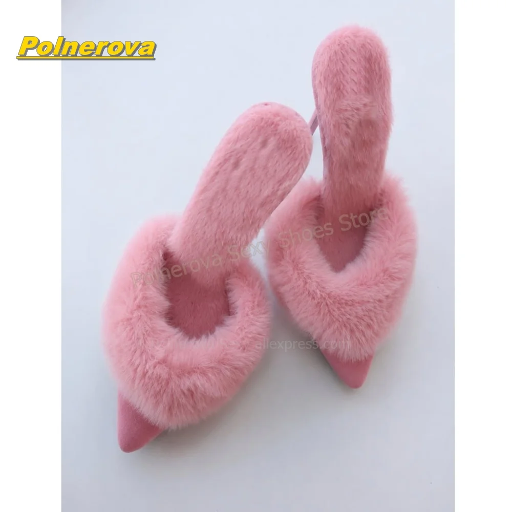 Women Pink Furry Mule Heels Faux Fur Trim Pointed Toe Stiletto Slip On Shallow Pumps Fashion Night Out Party Ladies Footwear New