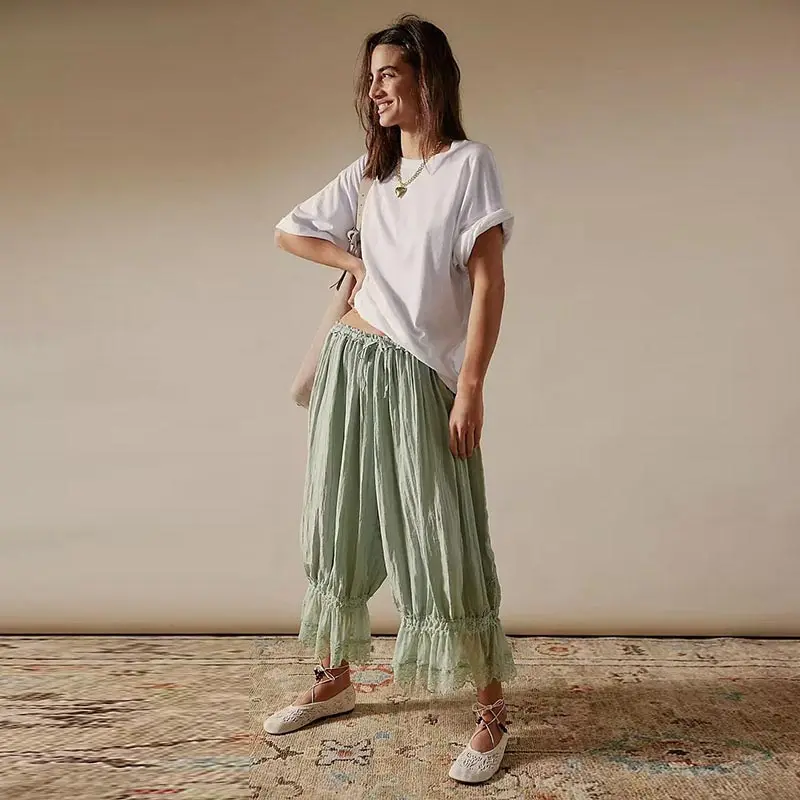 ﻿   كشكش الدانتيل تقليم السراويل تحت اللباس ﻿   سروال طويل ريترو للمرأة 2025 ربيع أحدث ملابس منزلية مريحة للاستخدام الداخلي