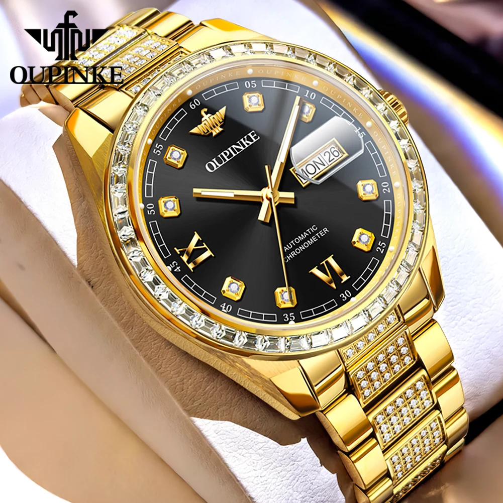 OUPINKE 3328 Automatic Mechanical Men's Wristwatch Golden Diamond Watch Stainless steel Waterproof Luminous Date Men's Watch
