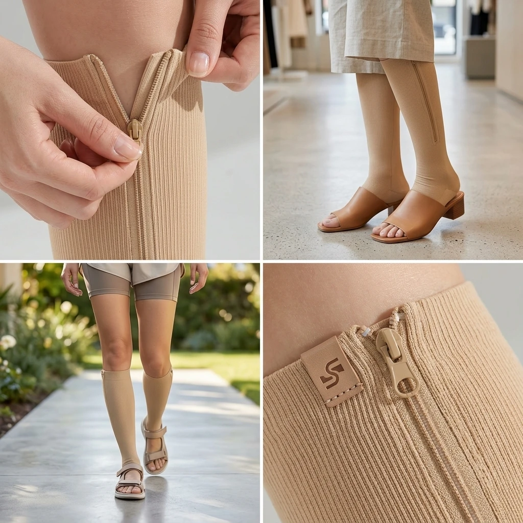 Skin Tone Zipper Compression Socks Open Toe Elastic Leg Support Anti Fatigue Swelling Stockings Flight Nurse Running Fitness Dai view 2