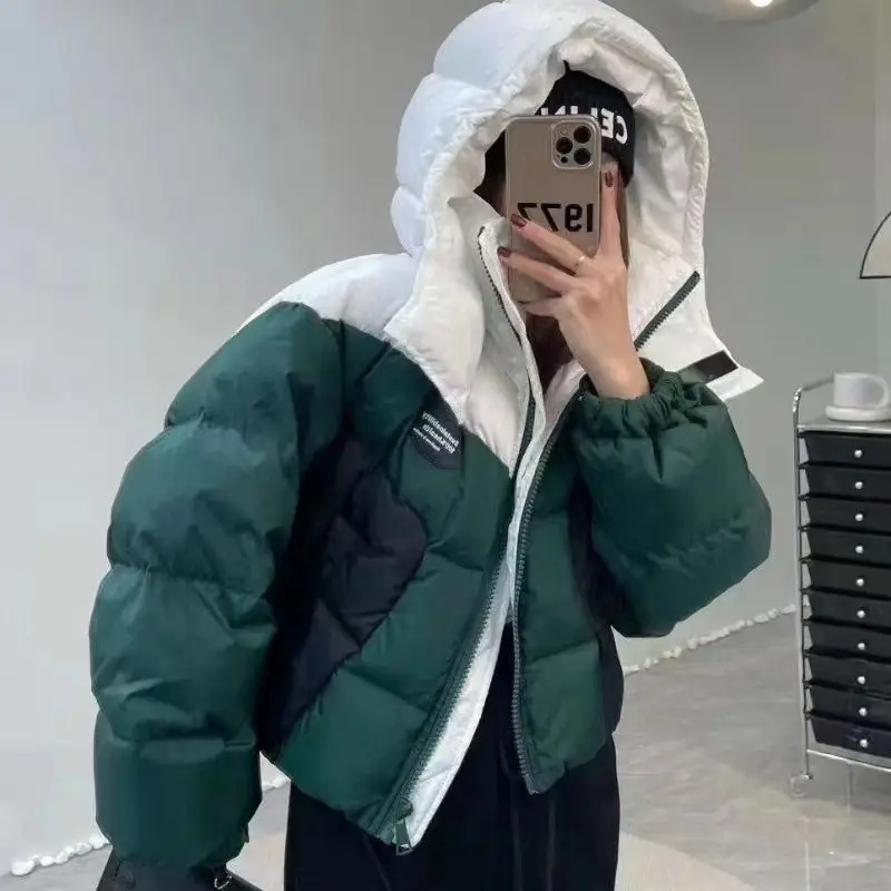 Fashion Patchwork Hooded Zipper Down Jacket Loose Office Lady White Duck Down Jacket 2023 Winter Women's Warm Casual Down Jacket