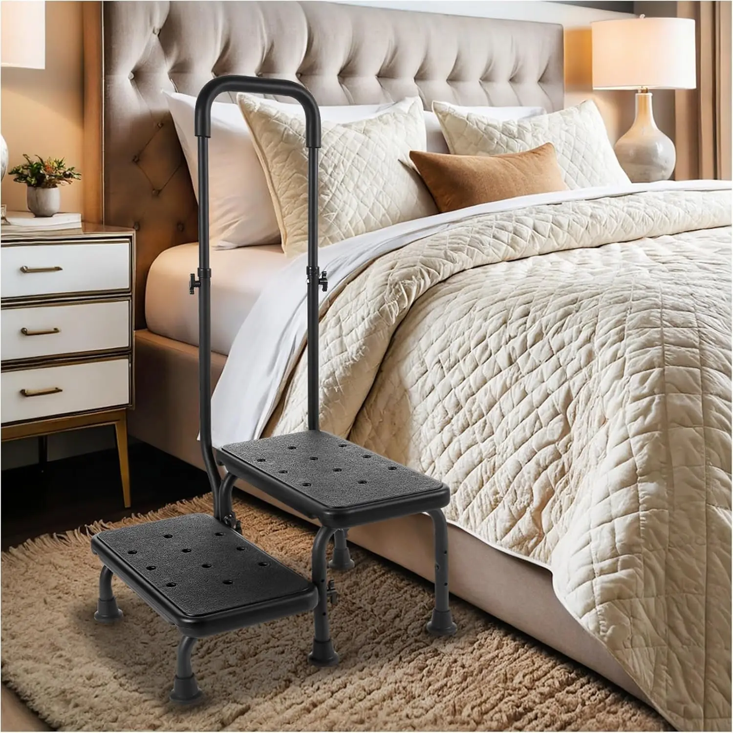 Adjustable Handrail 2 Step Stool for Elderly, Non-Slip Platform Supports Up to 450 lbs, Ideal for High Beds