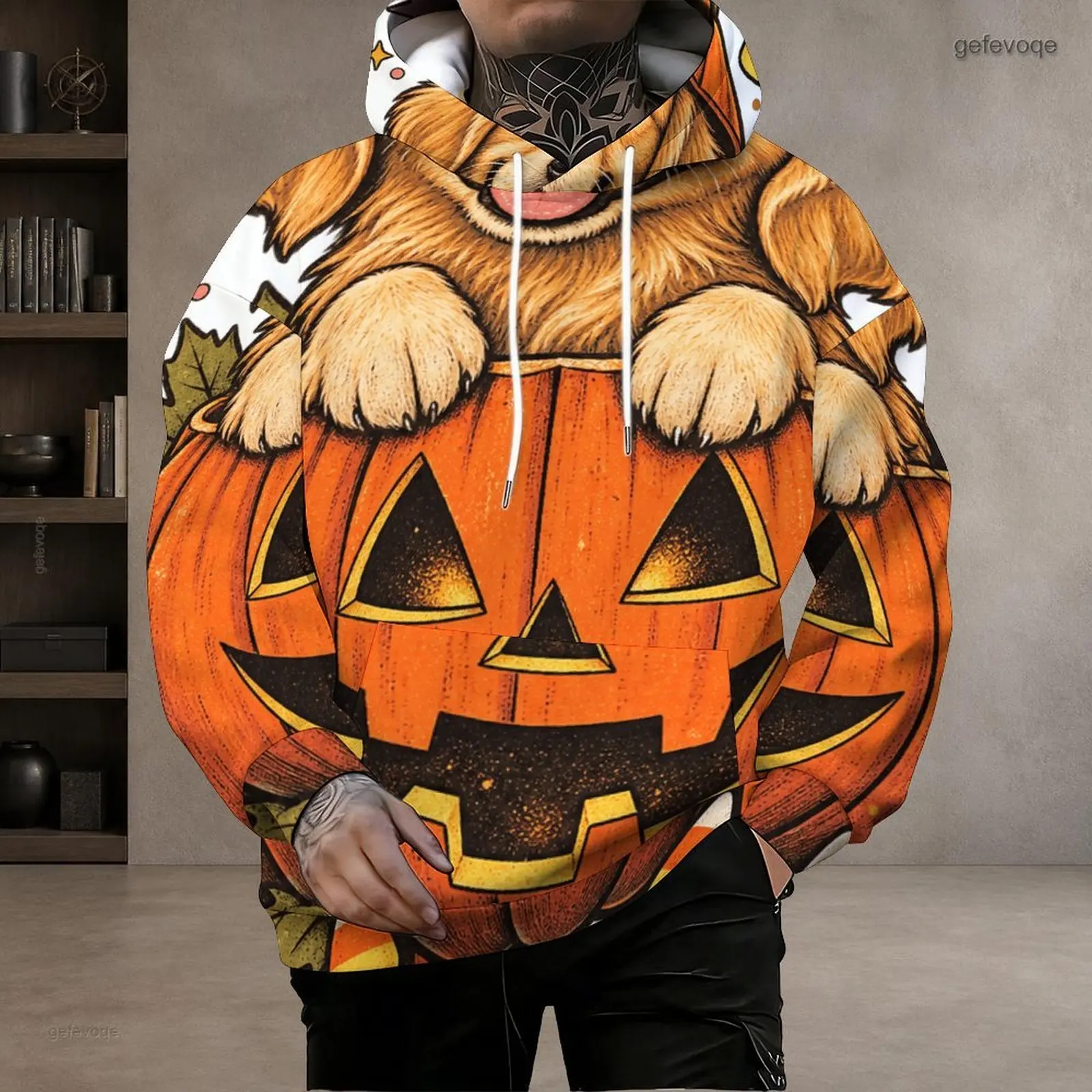 Printed Golden Retriever Dog Jack-O'-Lantern Pumpkin Graphic Long Sleeve Pullover Hoodie