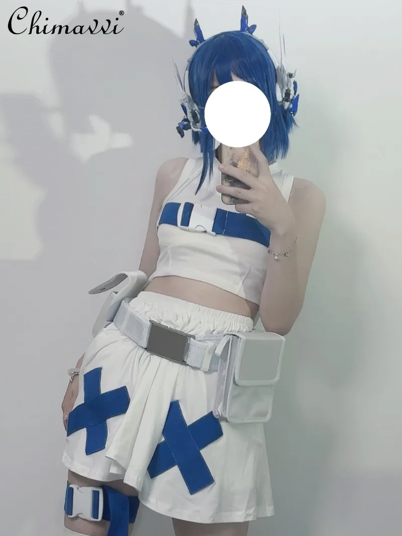 

Оригинальный дизайн, комплект из сине-белого шарфа с механическим будущим, жилет и юбка, комплект 2025 года, новые женские комплекты Y2K для девочек, красно-белые наряды