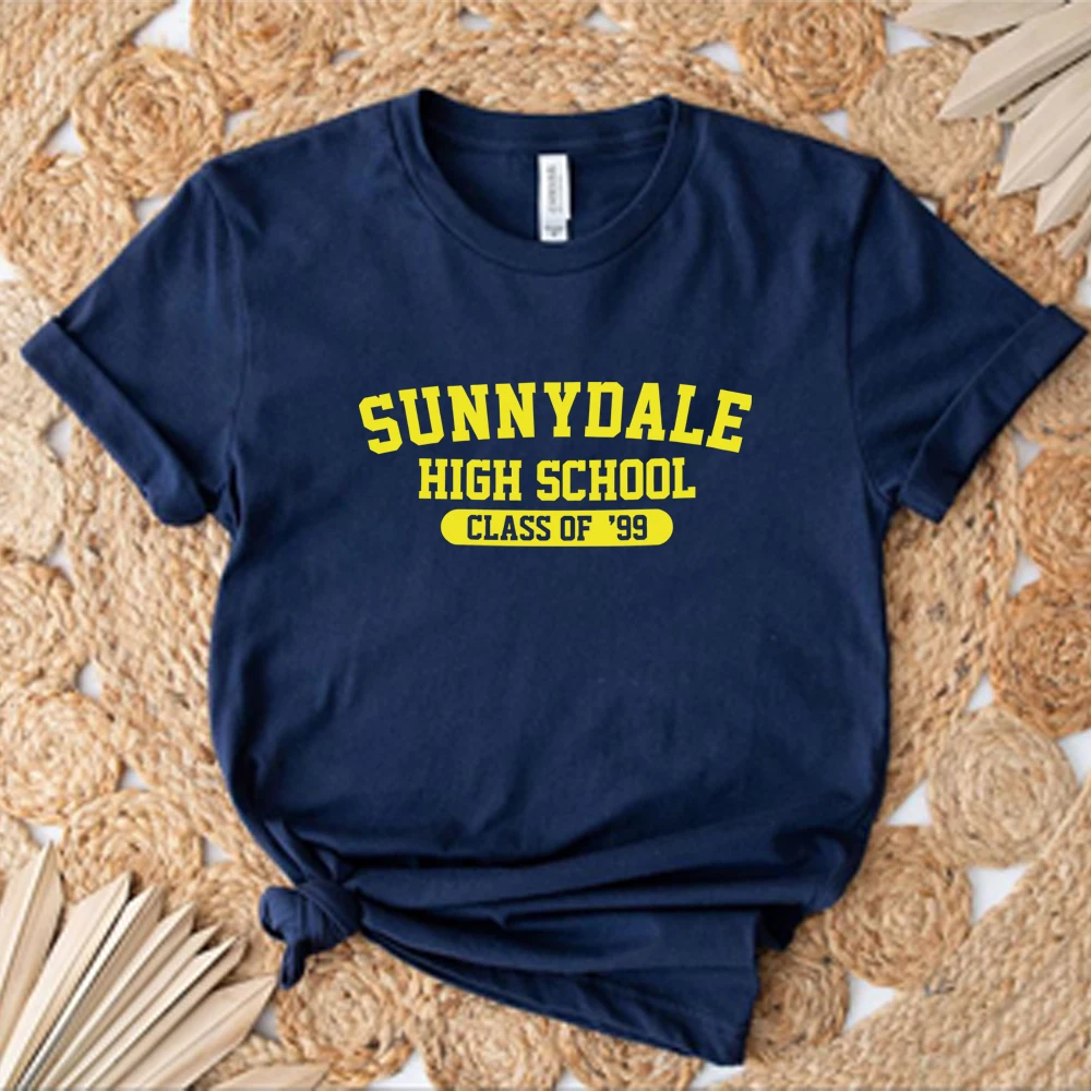 Sunnydale เสื้อทีเชิ๊ตระดับมัธยมปลายของ '99เสื้อยืดคนฆ่าแวมไพร์สวยงามเสื้อยืดซันนี่เดลสำหรับทั้งชายและหญิงเสื้อแขนสั้น