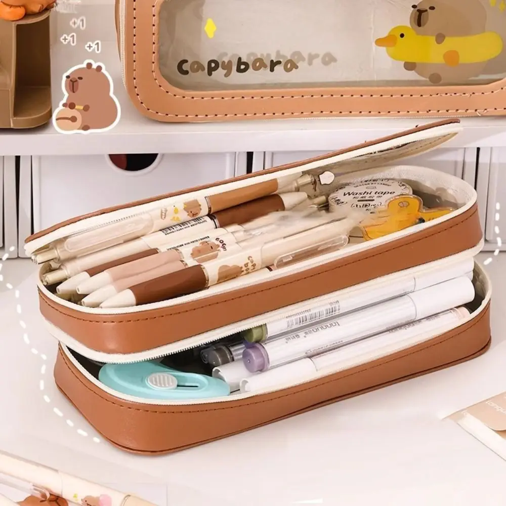 Large Capacity Capybara Pen Bag Dirt-proof 2 Layers Stationery Organizer Exquisite Cartoon Stationery Storage Bag Students