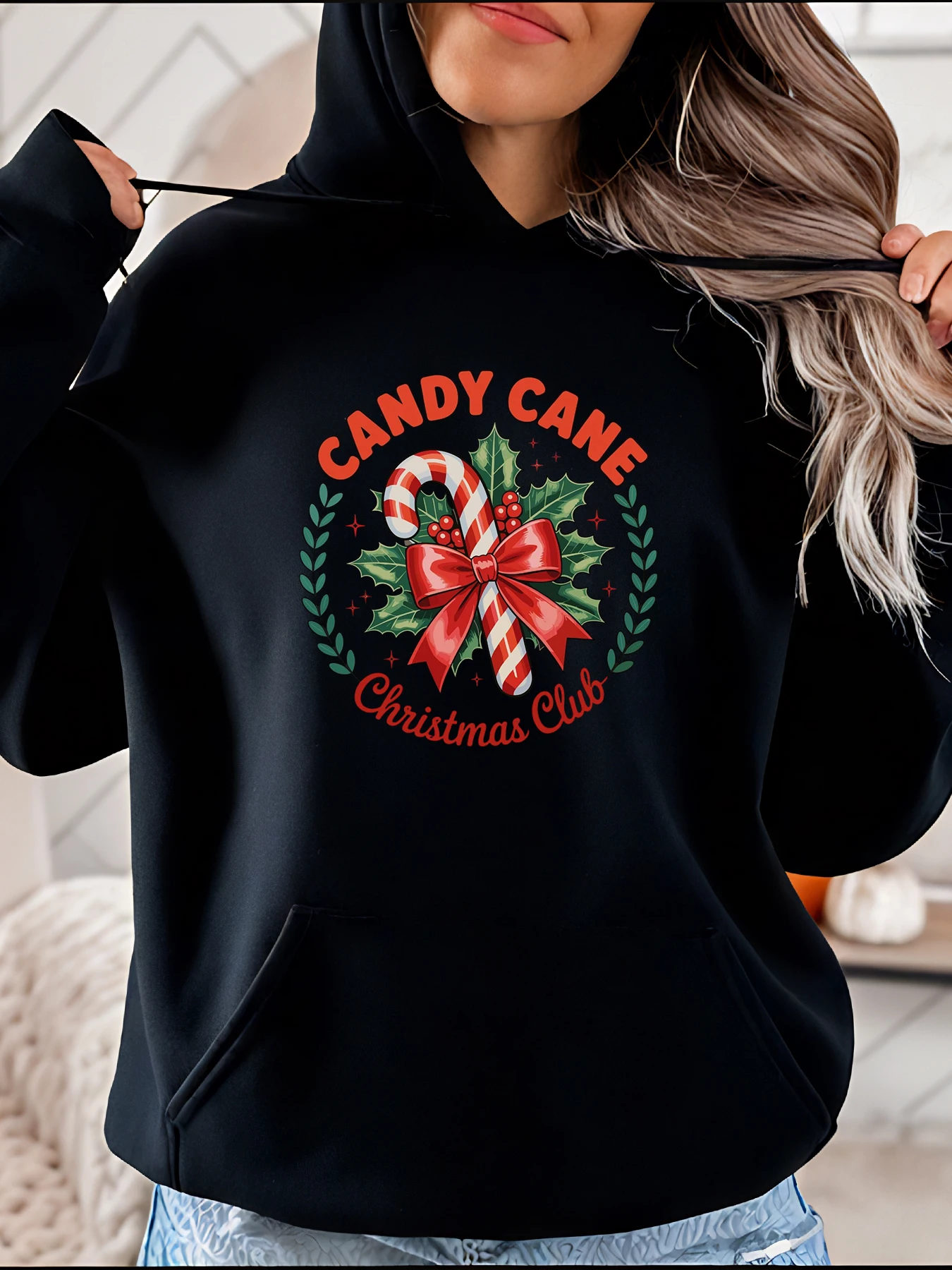 

Толстовка с капюшоном с принтом рождественского клуба Candy Cane, повседневный праздничный дизайн с бантом и женский зимний наряд Holly